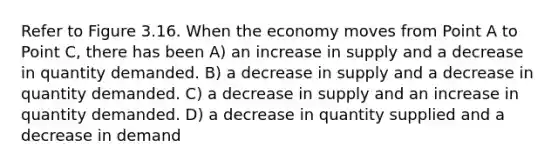 Refer to Figure 3.16. When the economy moves from Point A to Point C, there has been A) an increase in supply and a decrease in quantity demanded. B) a decrease in supply and a decrease in quantity demanded. C) a decrease in supply and an increase in quantity demanded. D) a decrease in quantity supplied and a decrease in demand