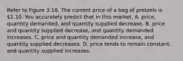 Refer to Figure 3.18. The current price of a bag of pretzels is 1.10. You accurately predict that in this market, A. price, quantity demanded, and quantity supplied decrease. B. price and quantity supplied decrease, and quantity demanded increases. C. price and quantity demanded increase, and quantity supplied decreases. D. price tends to remain constant, and quantity supplied increases.