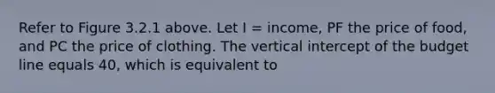 Refer to Figure 3.2.1 above. Let I = income, PF the price of food, and PC the price of clothing. The vertical intercept of the budget line equals 40, which is equivalent to