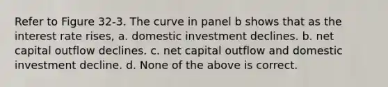 Refer to Figure 32-3. The curve in panel b shows that as the interest rate rises, a. domestic investment declines. b. net capital outflow declines. c. net capital outflow and domestic investment decline. d. None of the above is correct.