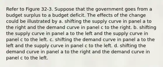 Refer to Figure 32-3. Suppose that the government goes from a budget surplus to a budget deficit. The effects of the change could be illustrated by a. shifting the supply curve in panel a to the right and the demand curve in panel c to the right. b. shifting the supply curve in panel a to the left and the supply curve in panel c to the left. c. shifting the demand curve in panel a to the left and the supply curve in panel c to the left. d. shifting the demand curve in panel a to the right and the demand curve in panel c to the left.