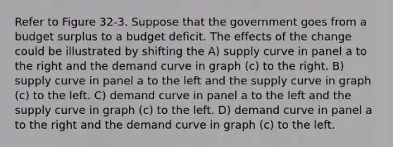 Refer to Figure 32-3. Suppose that the government goes from a budget surplus to a budget deficit. The effects of the change could be illustrated by shifting the A) supply curve in panel a to the right and the demand curve in graph (c) to the right. B) supply curve in panel a to the left and the supply curve in graph (c) to the left. C) demand curve in panel a to the left and the supply curve in graph (c) to the left. D) demand curve in panel a to the right and the demand curve in graph (c) to the left.