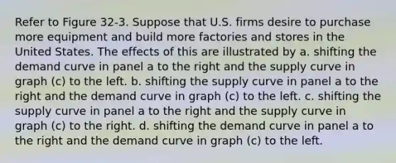 Refer to Figure 32-3. Suppose that U.S. firms desire to purchase more equipment and build more factories and stores in the United States. The effects of this are illustrated by a. shifting the demand curve in panel a to the right and the supply curve in graph (c) to the left. b. shifting the supply curve in panel a to the right and the demand curve in graph (c) to the left. c. shifting the supply curve in panel a to the right and the supply curve in graph (c) to the right. d. shifting the demand curve in panel a to the right and the demand curve in graph (c) to the left.