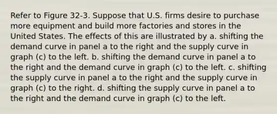 Refer to Figure 32-3. Suppose that U.S. firms desire to purchase more equipment and build more factories and stores in the United States. The effects of this are illustrated by a. shifting the demand curve in panel a to the right and the supply curve in graph (c) to the left. b. shifting the demand curve in panel a to the right and the demand curve in graph (c) to the left. c. shifting the supply curve in panel a to the right and the supply curve in graph (c) to the right. d. shifting the supply curve in panel a to the right and the demand curve in graph (c) to the left.