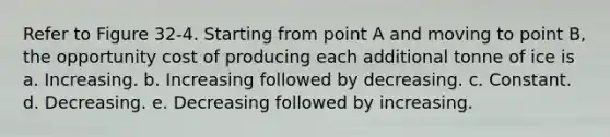 Refer to Figure 32-4. Starting from point A and moving to point B, the opportunity cost of producing each additional tonne of ice is a. Increasing. b. Increasing followed by decreasing. c. Constant. d. Decreasing. e. Decreasing followed by increasing.