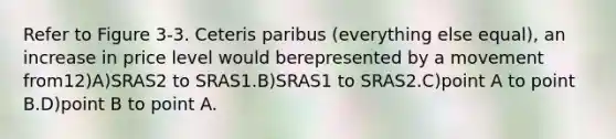 Refer to Figure 3-3. Ceteris paribus (everything else equal), an increase in price level would berepresented by a movement from12)A)SRAS2 to SRAS1.B)SRAS1 to SRAS2.C)point A to point B.D)point B to point A.