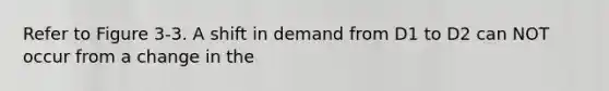 Refer to Figure 3-3. A shift in demand from D1 to D2 can NOT occur from a change in the