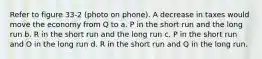 Refer to figure 33-2 (photo on phone). A decrease in taxes would move the economy from Q to a. P in the short run and the long run b. R in the short run and the long run c. P in the short run and O in the long run d. R in the short run and Q in the long run.