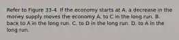 Refer to Figure 33-4. If the economy starts at A, a decrease in the money supply moves the economy A. to C in the long run. B. back to A in the long run. C. to D in the long run. D. to A in the long run.