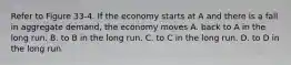 Refer to Figure 33-4. If the economy starts at A and there is a fall in aggregate demand, the economy moves A. back to A in the long run. B. to B in the long run. C. to C in the long run. D. to D in the long run.