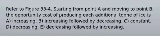 Refer to Figure 33-4. Starting from point A and moving to point B, the opportunity cost of producing each additional tonne of ice is A) increasing. B) increasing followed by decreasing. C) constant. D) decreasing. E) decreasing followed by increasing.