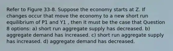 Refer to Figure 33-8. Suppose the economy starts at Z. If changes occur that move the economy to a new short run equilibrium of P1 and Y1 , then it must be the case that Question 8 options: a) short run aggregate supply has decreased. b) aggregate demand has increased. c) short run aggregate supply has increased. d) aggregate demand has decreased.