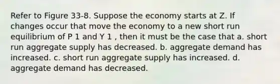 Refer to Figure 33-8. Suppose the economy starts at Z. If changes occur that move the economy to a new short run equilibrium of P 1 and Y 1 , then it must be the case that a. short run aggregate supply has decreased. b. aggregate demand has increased. c. short run aggregate supply has increased. d. aggregate demand has decreased.