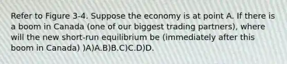 Refer to Figure 3-4. Suppose the economy is at point A. If there is a boom in Canada (one of our biggest trading partners), where will the new short-run equilibrium be (immediately after this boom in Canada) )A)A.B)B.C)C.D)D.