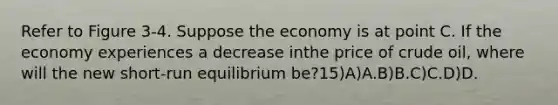 Refer to Figure 3-4. Suppose the economy is at point C. If the economy experiences a decrease inthe price of crude oil, where will the new short-run equilibrium be?15)A)A.B)B.C)C.D)D.