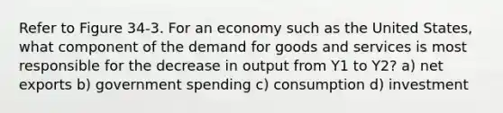 Refer to Figure 34-3. For an economy such as the United States, what component of the demand for goods and services is most responsible for the decrease in output from Y1 to Y2? a) net exports b) government spending c) consumption d) investment