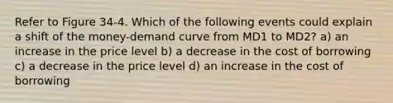 Refer to Figure 34-4. Which of the following events could explain a shift of the money-demand curve from MD1 to MD2? a) an increase in the price level b) a decrease in the cost of borrowing c) a decrease in the price level d) an increase in the cost of borrowing