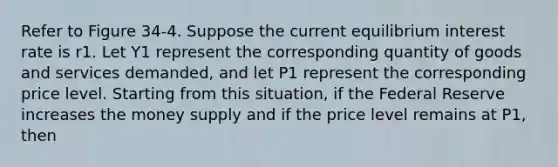 Refer to Figure 34-4. Suppose the current equilibrium interest rate is r1. Let Y1 represent the corresponding quantity of goods and services demanded, and let P1 represent the corresponding price level. Starting from this situation, if the Federal Reserve increases the money supply and if the price level remains at P1, then