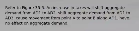 Refer to Figure 35-5. An increase in taxes will shift aggregate demand from AD1 to AD2. shift aggregate demand from AD1 to AD3. cause movement from point A to point B along AD1. have no effect on aggregate demand.