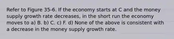 Refer to Figure 35-6. If the economy starts at C and the money supply growth rate decreases, in the short run the economy moves to a) B. b) C. c) F. d) None of the above is consistent with a decrease in the money supply growth rate.