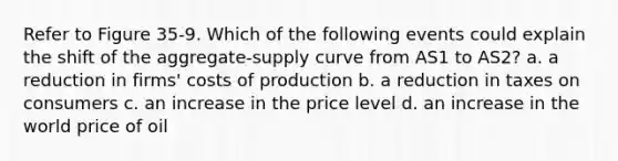 Refer to Figure 35-9. Which of the following events could explain the shift of the aggregate-supply curve from AS1 to AS2? a. a reduction in firms' costs of production b. a reduction in taxes on consumers c. an increase in the price level d. an increase in the world price of oil