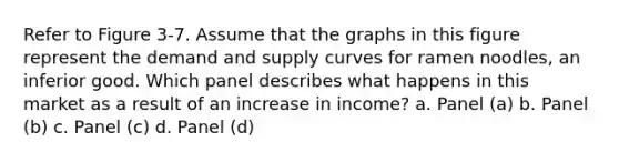 Refer to Figure 3-7. Assume that the graphs in this figure represent the demand and supply curves for ramen noodles, an inferior good. Which panel describes what happens in this market as a result of an increase in income? a. Panel (a) b. Panel (b) c. Panel (c) d. Panel (d)