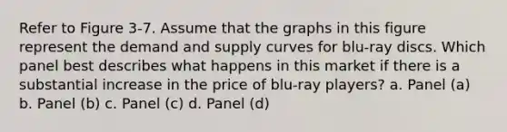 Refer to Figure 3-7. Assume that the graphs in this figure represent the demand and supply curves for blu-ray discs. Which panel best describes what happens in this market if there is a substantial increase in the price of blu-ray players? a. Panel (a) b. Panel (b) c. Panel (c) d. Panel (d)