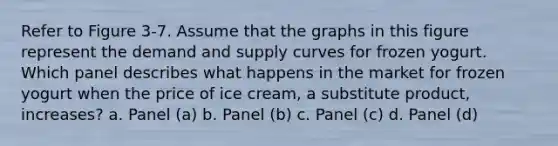 Refer to Figure 3-7. Assume that the graphs in this figure represent the demand and supply curves for frozen yogurt. Which panel describes what happens in the market for frozen yogurt when the price of ice cream, a substitute product, increases? a. Panel (a) b. Panel (b) c. Panel (c) d. Panel (d)