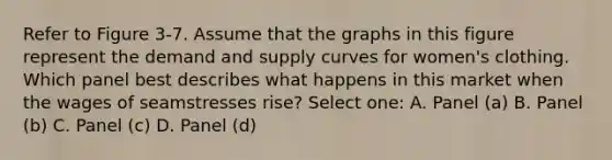 Refer to Figure 3-7. Assume that the graphs in this figure represent the demand and supply curves for women's clothing. Which panel best describes what happens in this market when the wages of seamstresses rise? Select one: A. Panel (a) B. Panel (b) C. Panel (c) D. Panel (d)