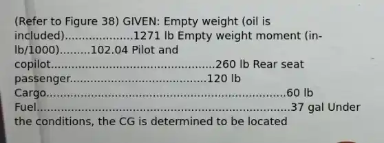 (Refer to Figure 38) GIVEN: Empty weight (oil is included)....................1271 lb Empty weight moment (in-lb/1000).........102.04 Pilot and copilot................................................260 lb Rear seat passenger........................................120 lb Cargo......................................................................60 lb Fuel..........................................................................37 gal Under the conditions, the CG is determined to be located