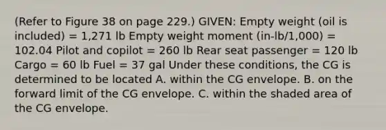 (Refer to Figure 38 on page 229.) GIVEN: Empty weight (oil is included) = 1,271 lb Empty weight moment (in-lb/1,000) = 102.04 Pilot and copilot = 260 lb Rear seat passenger = 120 lb Cargo = 60 lb Fuel = 37 gal Under these conditions, the CG is determined to be located A. within the CG envelope. B. on the forward limit of the CG envelope. C. within the shaded area of the CG envelope.