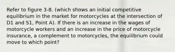 Refer to figure 3-8. (which shows an initial competitive equilibrium in the market for motorcycles at the intersection of D1 and S1, Point A). If there is an increase in the wages of motorcycle workers and an increase in the price of motorcycle insurance, a complement to motorcycles, the equilibrium could move to which point?