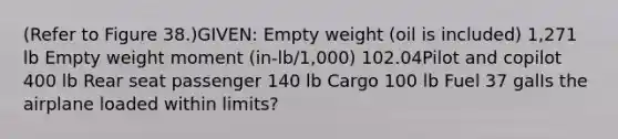 (Refer to Figure 38.)GIVEN: Empty weight (oil is included) 1,271 lb Empty weight moment (in-lb/1,000) 102.04Pilot and copilot 400 lb Rear seat passenger 140 lb Cargo 100 lb Fuel 37 galIs the airplane loaded within limits?