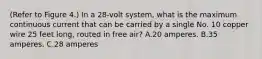 (Refer to Figure 4.) In a 28-volt system, what is the maximum continuous current that can be carried by a single No. 10 copper wire 25 feet long, routed in free air? A.20 amperes. B.35 amperes. C.28 amperes