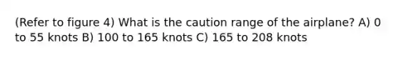 (Refer to figure 4) What is the caution range of the airplane? A) 0 to 55 knots B) 100 to 165 knots C) 165 to 208 knots