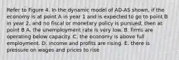 Refer to Figure 4. In the dynamic model of AD-AS shown, if the economy is at point A in year 1 and is expected to go to point B in year 2, and no fiscal or monetary policy is pursued, then at point B A. the unemployment rate is very low. B. firms are operating below capacity. C. the economy is above full employment. D. income and profits are rising. E. there is pressure on wages and prices to rise