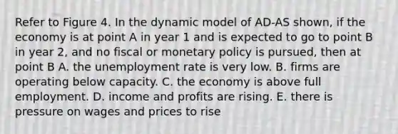 Refer to Figure 4. In the dynamic model of AD-AS shown, if the economy is at point A in year 1 and is expected to go to point B in year 2, and no fiscal or monetary policy is pursued, then at point B A. the unemployment rate is very low. B. firms are operating below capacity. C. the economy is above full employment. D. income and profits are rising. E. there is pressure on wages and prices to rise