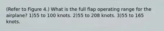 (Refer to Figure 4.) What is the full flap operating range for the airplane? 1)55 to 100 knots. 2)55 to 208 knots. 3)55 to 165 knots.