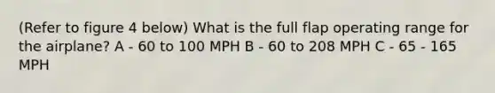 (Refer to figure 4 below) What is the full flap operating range for the airplane? A - 60 to 100 MPH B - 60 to 208 MPH C - 65 - 165 MPH