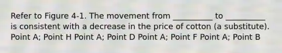 Refer to Figure 4-1. The movement from __________ to __________ is consistent with a decrease in the price of cotton (a substitute). Point A; Point H Point A; Point D Point A; Point F Point A; Point B