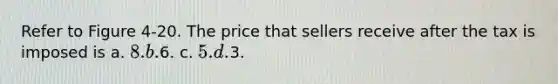 Refer to Figure 4-20. The price that sellers receive after the tax is imposed is a. 8. b.6. c. 5. d.3.