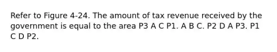 Refer to Figure 4-24. The amount of tax revenue received by the government is equal to the area P3 A C P1. A B C. P2 D A P3. P1 C D P2.