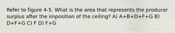 Refer to figure 4-5. What is the area that represents the producer surplus after the imposition of the ceiling? A) A+B+D+F+G B) D+F+G C) F D) F+G