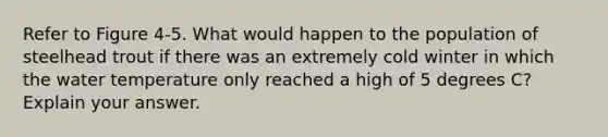 Refer to Figure 4-5. What would happen to the population of steelhead trout if there was an extremely cold winter in which the water temperature only reached a high of 5 degrees C? Explain your answer.