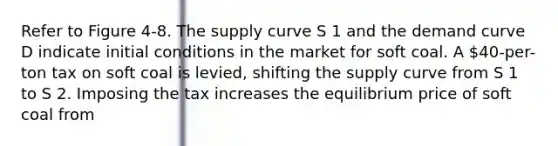 Refer to Figure 4-8. The supply curve S 1 and the demand curve D indicate initial conditions in the market for soft coal. A 40-per-ton tax on soft coal is levied, shifting the supply curve from S 1 to S 2. Imposing the tax increases the equilibrium price of soft coal from