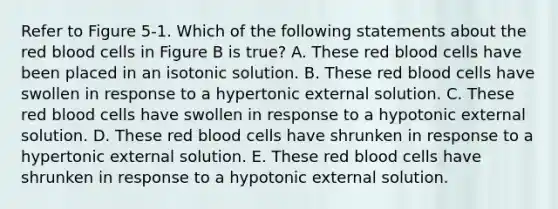 Refer to Figure 5-1. Which of the following statements about the red blood cells in Figure B is true? A. These red blood cells have been placed in an isotonic solution. B. These red blood cells have swollen in response to a hypertonic external solution. C. These red blood cells have swollen in response to a hypotonic external solution. D. These red blood cells have shrunken in response to a hypertonic external solution. E. These red blood cells have shrunken in response to a hypotonic external solution.