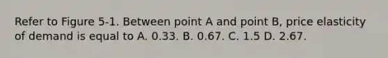 Refer to Figure 5-1. Between point A and point B, price elasticity of demand is equal to A. 0.33. B. 0.67. C. 1.5 D. 2.67.