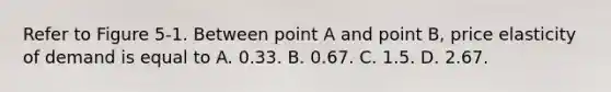 Refer to Figure 5-1. Between point A and point B, price elasticity of demand is equal to A. 0.33. B. 0.67. C. 1.5. D. 2.67.