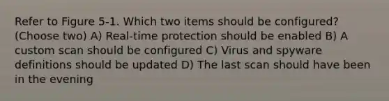 Refer to Figure 5-1. Which two items should be configured? (Choose two) A) Real-time protection should be enabled B) A custom scan should be configured C) Virus and spyware definitions should be updated D) The last scan should have been in the evening