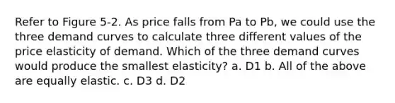 Refer to Figure 5-2. As price falls from Pa to Pb, we could use the three demand curves to calculate three different values of the price elasticity of demand. Which of the three demand curves would produce the smallest elasticity? a. D1 b. All of the above are equally elastic. c. D3 d. D2